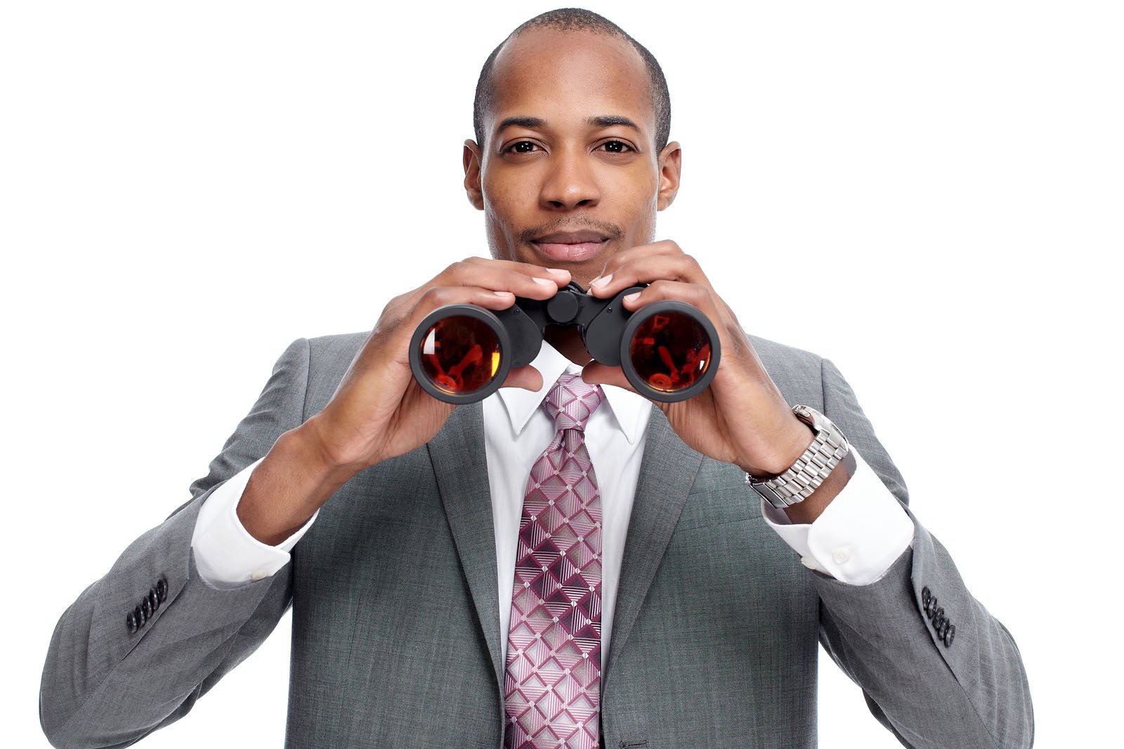 African-American businessman with binoculars isolated white bac