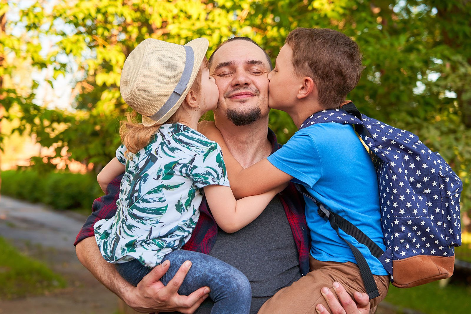 Happy Family Father And Children. Father Holds His Children, Son